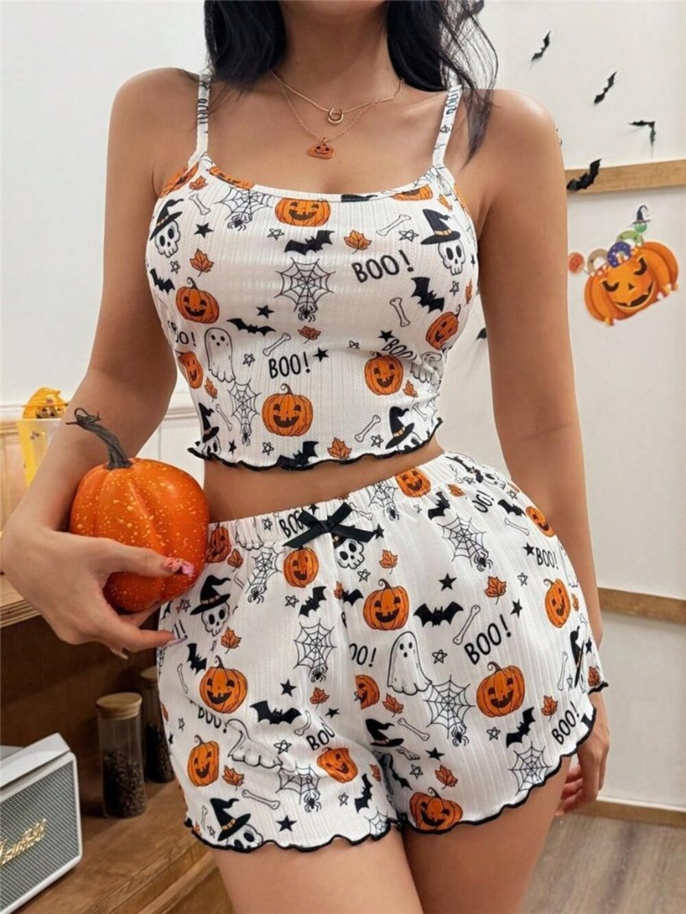 Halloween Pumpkin Print Cami and Shorts Lounge Set
